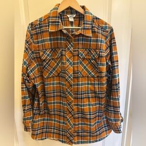 Duluth Trading Co Orange and Blue Plaid Button Down Shirt